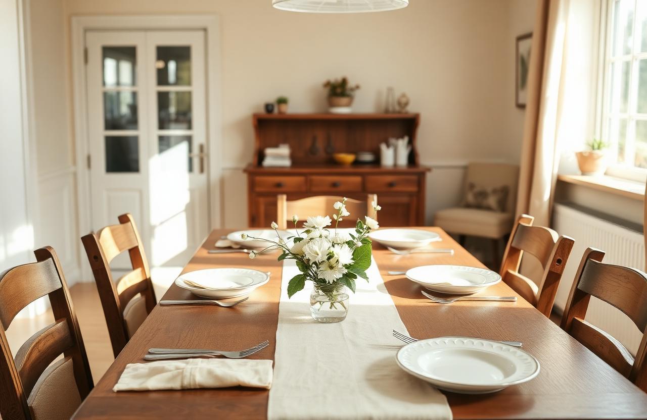A warm, sunlit dining room set for a home-cooked meal at a family-style assisted living home in Mesa, AZ