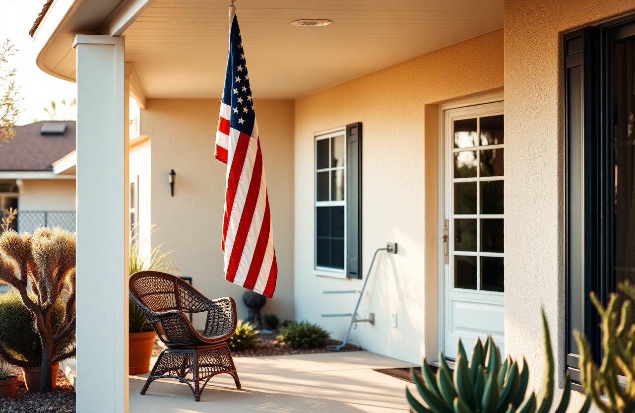 An American flag on a covered porch of a family-style home in Arizona