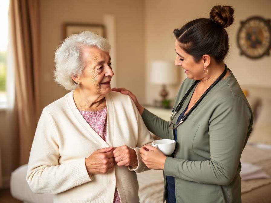 A caregiver gently helping an elderly resident in a homelike bedroom