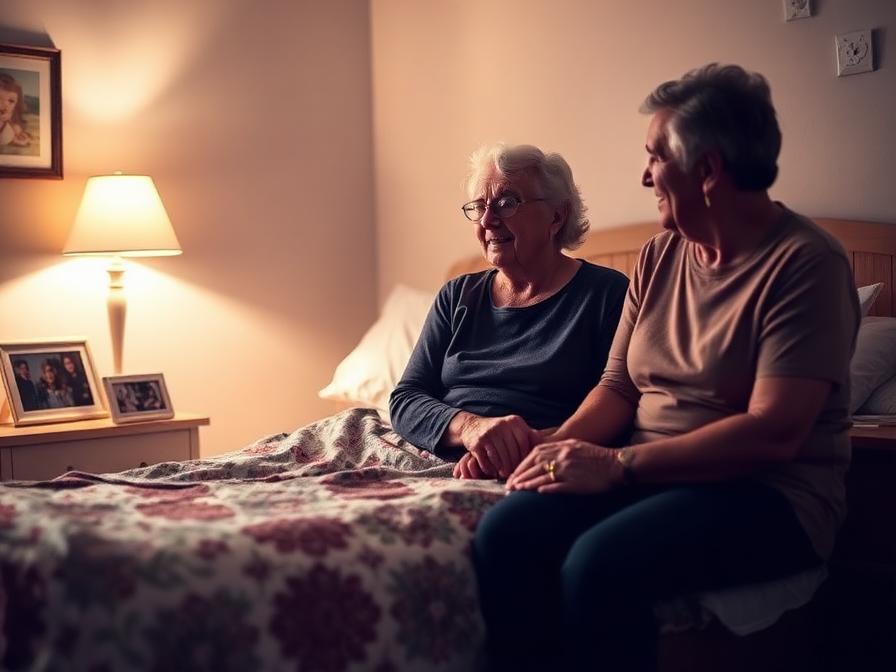 A quiet, comforting bedside moment in a softly lit family-style bedroom