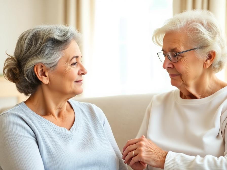 A caregiver sitting quietly with a resident, holding her hand in a sunlit living room