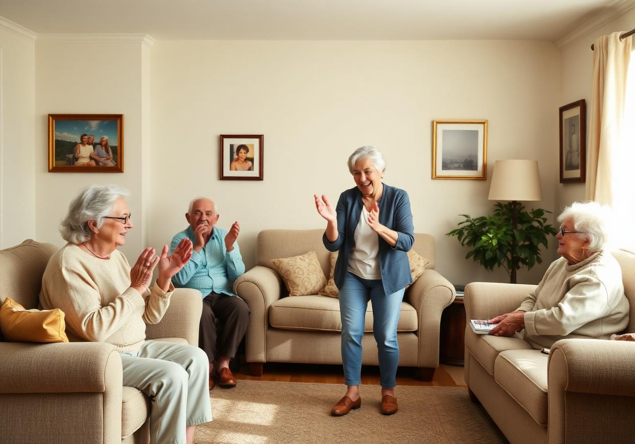 Residents clapping while a caregiver dances in a cozy living room