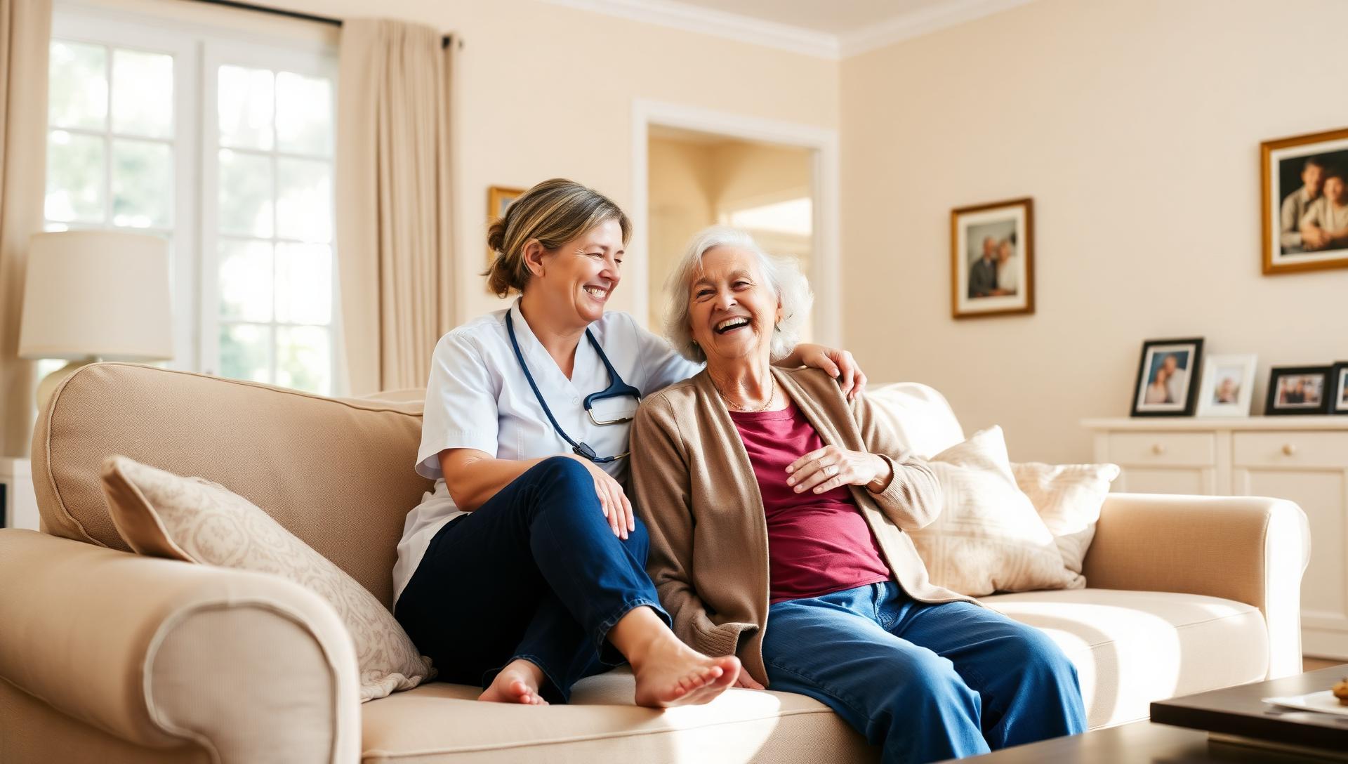 A caregiver and a resident laughing together on a sofa in a sunlit living room at a family-style assisted living home in Mesa, AZ